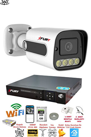 FURY 1 Kameralı 1080P Görüntü Gece Renkli Full Hd 4xUltra Led Gece Renkli Güvenlik Kamera Seti 320GB