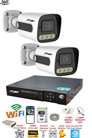 FURY 2 Kamera 1080P Görüntü Gece Renkli Full Hd 4xUltra Led Gece Renkli Güvenlik Kamera Seti 500GB