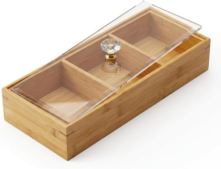 Bambu 3 Bölmeli Kristal Kapaklı Sunumluk, Kuru Meyve, Kuru Yemiş ve Drajeleriniz İçin 3 Bölmeli Dikdörtgen Sunum Tepsisi ve Tabağı 30cm*10cm*6,5cm