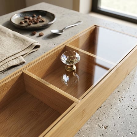 Bambu 3 Bölmeli Kristal Kapaklı Sunumluk, Kuru Meyve, Kuru Yemiş ve Drajeleriniz İçin 3 Bölmeli Dikdörtgen Sunum Tepsisi ve Tabağı 30cm*10cm*6,5cm