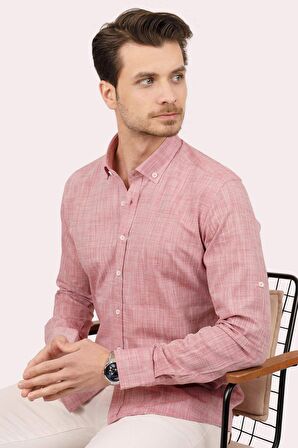 Açık Vişne Düğmeli Keten Slimfit   Gömlek