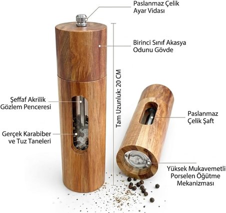 Akasya Ahşap Detaylı Akrilik Tuz ve Karabiber Öğütücü - Paslanmaz Metal ve Porselen Mekanizmalı Şeffaf Baharat Değirmeni (15 cm ve 20 cm Seçenekli, 1 Adet) (BÜYÜK BOY 20CM)