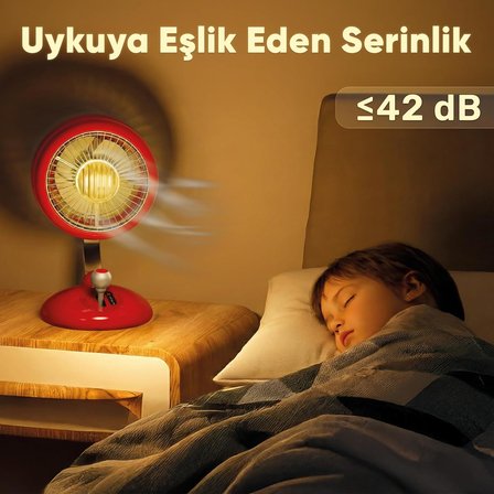 Q3 120° Salınımlı 3 Kademeli LED Işıklı Şarjlı Masaüstü Fan Vantilatör Retro Kırmızı
