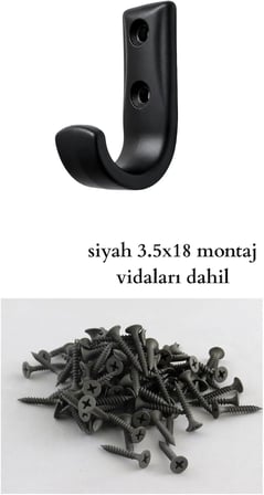 Metal Duvar Askısı, J Tipi, 5x3x1.8 cm, Montaj Vidaları Dahil, 5 Adet, Renk Seçenekleri (Siyah)