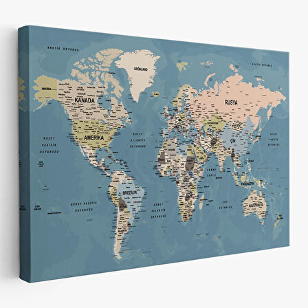 Harita Sepeti Türkçe Dünya Haritası Ayrıntılı Eğitici-öğretici Okyanuslu Dekoratif Kanvas Tablo 2522