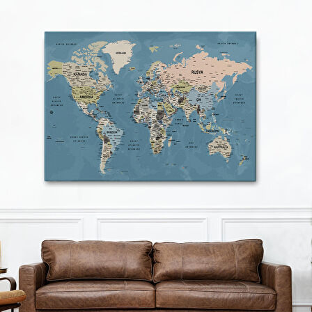 Harita Sepeti Türkçe Dünya Haritası Ayrıntılı Eğitici-öğretici Okyanuslu Dekoratif Kanvas Tablo 2522