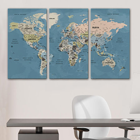 Harita Sepeti Türkçe Dünya Haritası Ayrıntılı Eğitici-öğretici Okyanuslu Dekoratif Kanvas Tablo 2522