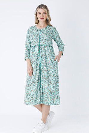 Rahat Kalıp Yeşil Çiçek Desenli Pamuklu Boydan Fermuarlı Bisiklet Yaka Cepli Truvakar Kollu Elbise