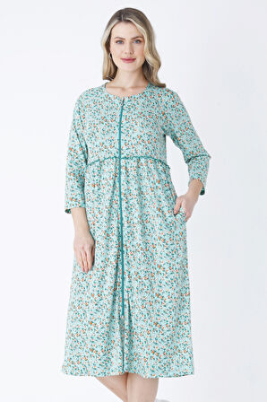 Rahat Kalıp Yeşil Çiçek Desenli Pamuklu Boydan Fermuarlı Bisiklet Yaka Cepli Truvakar Kollu Elbise