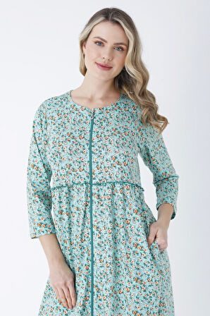 Rahat Kalıp Yeşil Çiçek Desenli Pamuklu Boydan Fermuarlı Bisiklet Yaka Cepli Truvakar Kollu Elbise