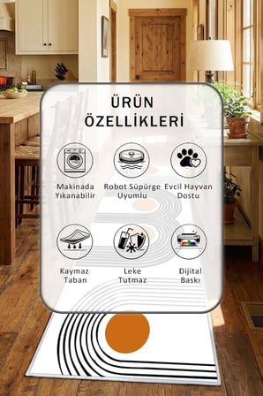 Beyaz Mutfak Tezgah Önü Yıkanabilir Dijital Baskılı Halı