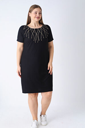 Kadın Siyah Nakış Detaylı Bisiklet Yaka Likralı Büyük Beden Elbise