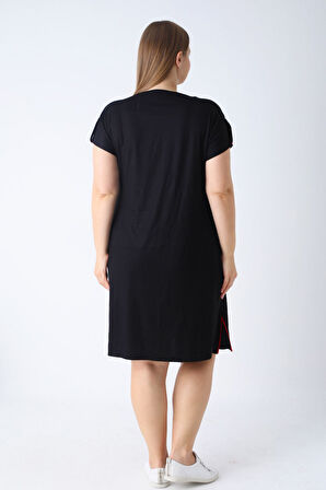 Kadın Siyah Kısa Kollu Cepli Biye Ve Nakış Detaylı Likralı Büyük Beden Elbise