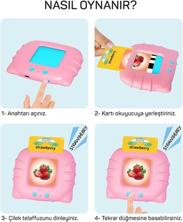 Erken Öğrenim Kartları- Ingilizce Konuşan Sesli Flash Kartlar 112 Kart 224 Görsel Pembe