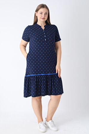 Lacivert Puantiyeli Pamuklu Düğmeli Cepli Biyeli Büyük Beden Elbise