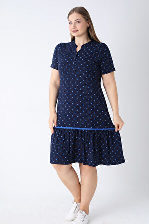 Lacivert Puantiyeli Pamuklu Düğmeli Cepli Biyeli Büyük Beden Elbise