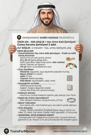 Kafa Şemsiyesi, Beyaz, Hac Umre için Güneş Koruma, UV Korumalı, Ayarlanabilir Kafa Bandı, Hafif Polyester, 53x32 cm, 2 Adet