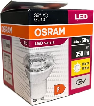 Osram 4,5W GU10 LED Ampul - 350 Lumen, 3000K Sarı Işık, 36° Işık Açısı, 15.000 Saat Ömür, Enerji Verimli (10)
