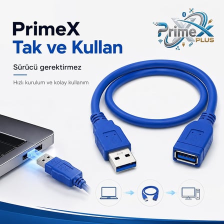 PrimeX PX-1710 10 Metre USB 3.0 Uzatma Kablosu, USB Erkek Dişi Ek Kablosu, Mavi USB A Male to Female Extension Cable