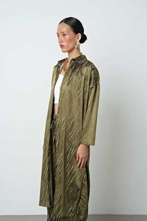 Kadın Haki Renk Desenli Uzun Tunik Tesettür Gömlek - Elbise