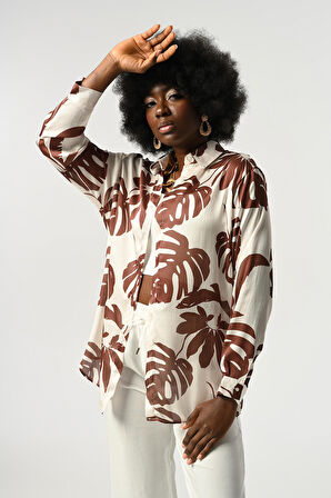 KADIN YAPRAK DESENLİ OVERSİZE KESİM GÖMLEK