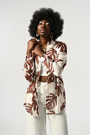 KADIN YAPRAK DESENLİ OVERSİZE KESİM GÖMLEK