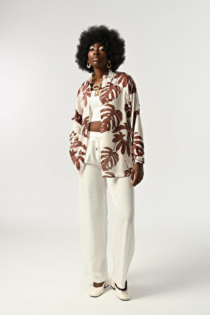 KADIN YAPRAK DESENLİ OVERSİZE KESİM GÖMLEK