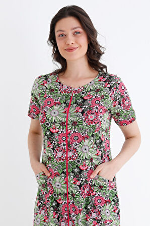 Rahat Kalıp Çiçek Desenli Pamuklu Boydan Fermuarlı Cepli Kadın Bisiklet Yaka Elbise