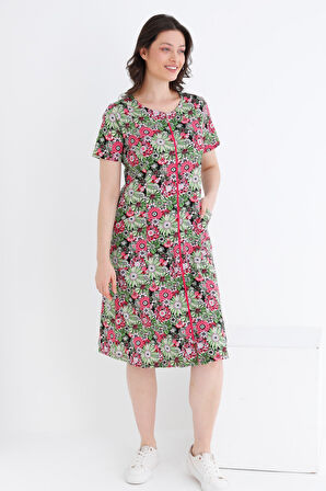 Rahat Kalıp Çiçek Desenli Pamuklu Boydan Fermuarlı Cepli Kadın Bisiklet Yaka Elbise