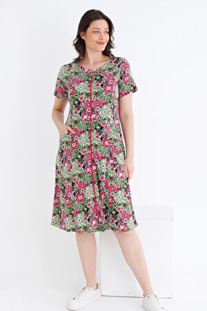 Rahat Kalıp Çiçek Desenli Pamuklu Boydan Fermuarlı Cepli Kadın Bisiklet Yaka Elbise