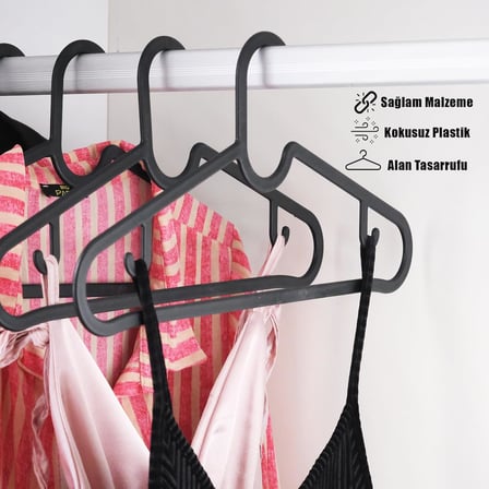 Plastik Slim Askı, Elbise Askısı, Siyah Askı (Standart, Adet, 10)