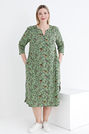 Desenli Düğmeli Pamuklu Cepli V Yaka Truvakar Kollu Kadın Büyük Beden Elbise