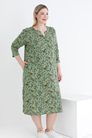 Desenli Düğmeli Pamuklu Cepli V Yaka Truvakar Kollu Kadın Büyük Beden Elbise