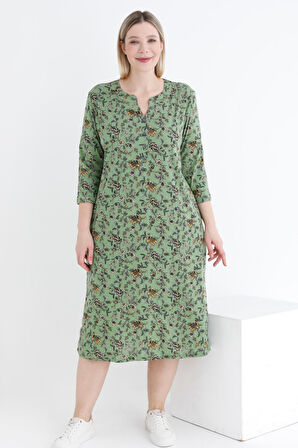 Desenli Düğmeli Pamuklu Cepli V Yaka Truvakar Kollu Kadın Büyük Beden Elbise