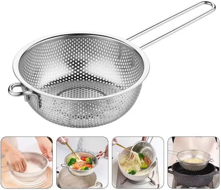 Uzun Saplı Paslanmaz Metal Süzgeç – Makarna, Sebze ve Meyve Yıkama Süzek, Derin Gövdeli, Dayanıklı Tel Süzgeç, Mutfak Süzgeci (25 Cm)