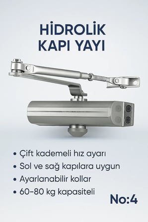 Kapı Hidroliği, İki Kademeli Hız Ayarı, Tersine Çevrilebilir, Sol ve Sağ Kullanım, Ayarlanabilir Kollar, Ahşap Ve Metal Kapılar, 180° Açılabilir, 60-80 Kg Kapasite, 1100x2100 mm Uyumlu (No:4)