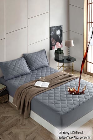 Gri Sınanı Geçirmez Alez - Tek-Çift Kişilk Alez -100 Pamuk- Kapitoneli Alez- FittedYatağı Saran Yatak Koruyucu Alez Çarşaf160x200,