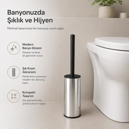 Krom Klozet Fırçası, Paslanmaz Görünümlü Tuvalet Fırçası, Siyah Saplı Modern WC Fırçalık, Banyolar İçin Kompakt ve Şık Tasarım