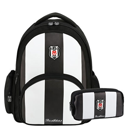 Beşiktaş 3 Bölmeli Çubuklu Suni Deri Okul Çantası + Kalemlik