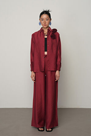 Kadın Önü Çift Gül İşlemeli Düz Renk Gömlek