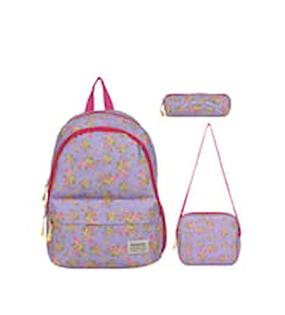 Relaxion Lila Flamingo Figürlü Anaokulu Ilköğretim Sırt Çantası Beslenme Çantası Kalemlik 3'lü set