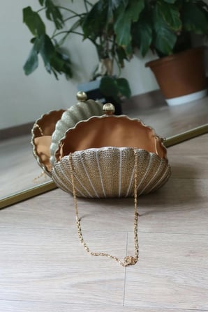 Gold Taşlı istiridye Simli Zincirli Çanta