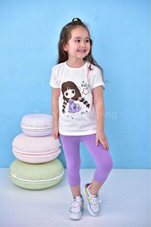 Kız Çocuk Baby Baskılı Kapri Tayt Tshirt %100 Pamuk Alt Üst Takım
