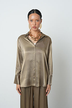 Kadın V Yaka Açık Haki Renk Düz %100 Viskoz Altın Düğmeli Gömlek