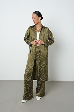 Kadın Haki Renk Desenli Uzun Tunik Tesettür Gömlek - Elbise