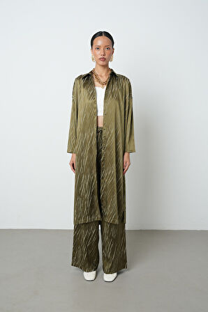 Kadın Haki Renk Desenli Uzun Tunik Tesettür Gömlek - Elbise