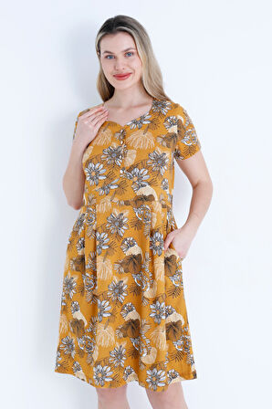 Kadın Düğmeli Desenli Cepli Kısa Kollu Pamuklu Elbise