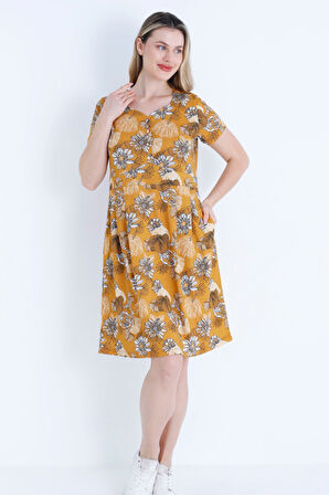 Kadın Düğmeli Desenli Cepli Kısa Kollu Pamuklu Elbise