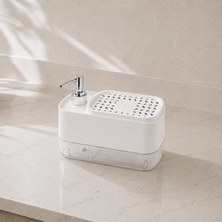 Sünger Hazneli Basmalı İkisi Bir Arada Otomatik Tezgah Üstü El ve Bulaşık Yıkama Düzenleyici Organizer Banyo ve Mutfak İçin Duo Sıvı Sabunluk (Beyaz)