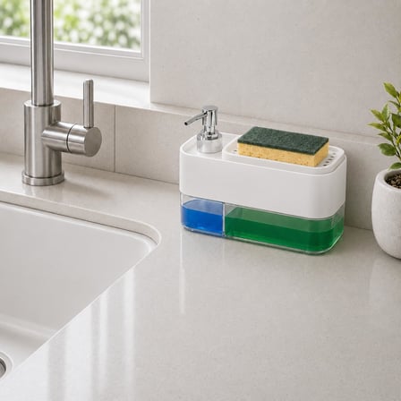 Sünger Hazneli Basmalı İkisi Bir Arada Otomatik Tezgah Üstü El ve Bulaşık Yıkama Düzenleyici Organizer Banyo ve Mutfak İçin Duo Sıvı Sabunluk (Beyaz)